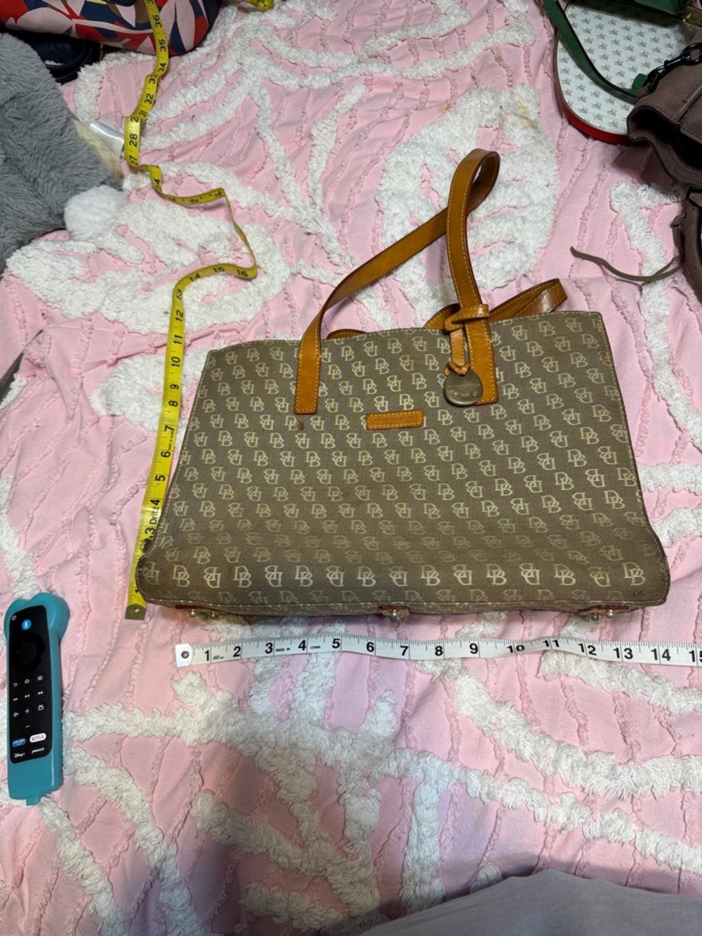 Dooney & Bourke Brown Monogram Tote with Tan Leather Straps and Trim